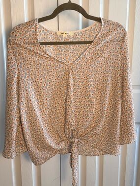 miami Floral Tie-Front Blouse with Orange Accents